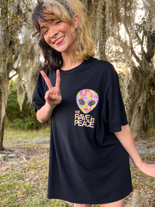 UP-CYCLED Black "We Rave In Peace" Rainbow Child Art Print Black T-Shirt