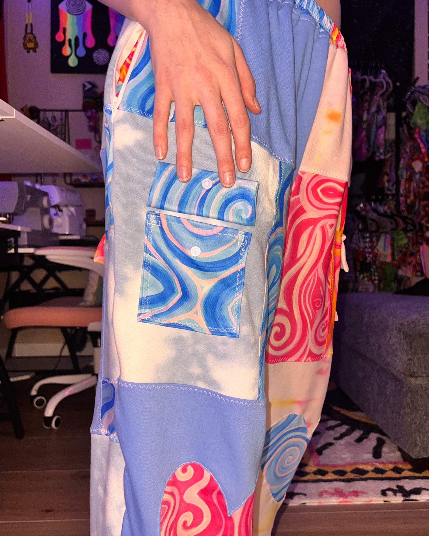 Patchwork Cargo Flow Pants "Aqua X Princess" Design