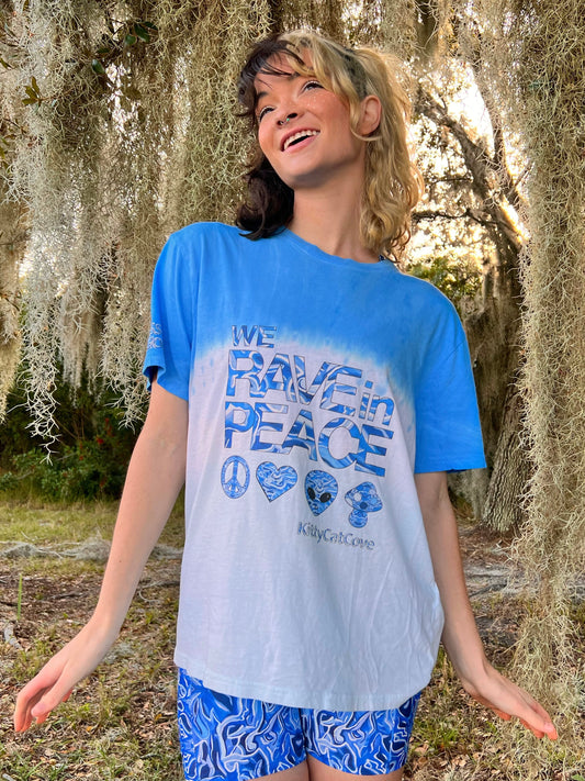 UP-CYCLED Blue Ombre "We Rave In Peace" Pool Party Art Print T-Shirt