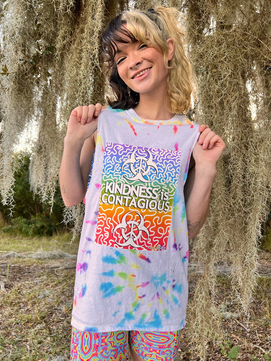 UP-CYCLED Rainbow Hand Tie Dyed "Kindness is Contagious" Tank Top
