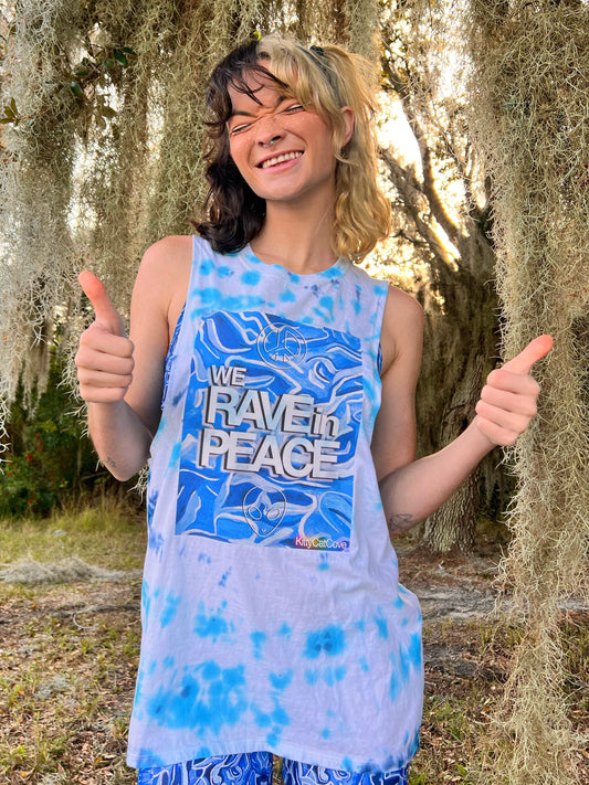 UP-CYCLED Hand Tie Dyed "We Rave In Peace" Pool Party Art Print Tank Top